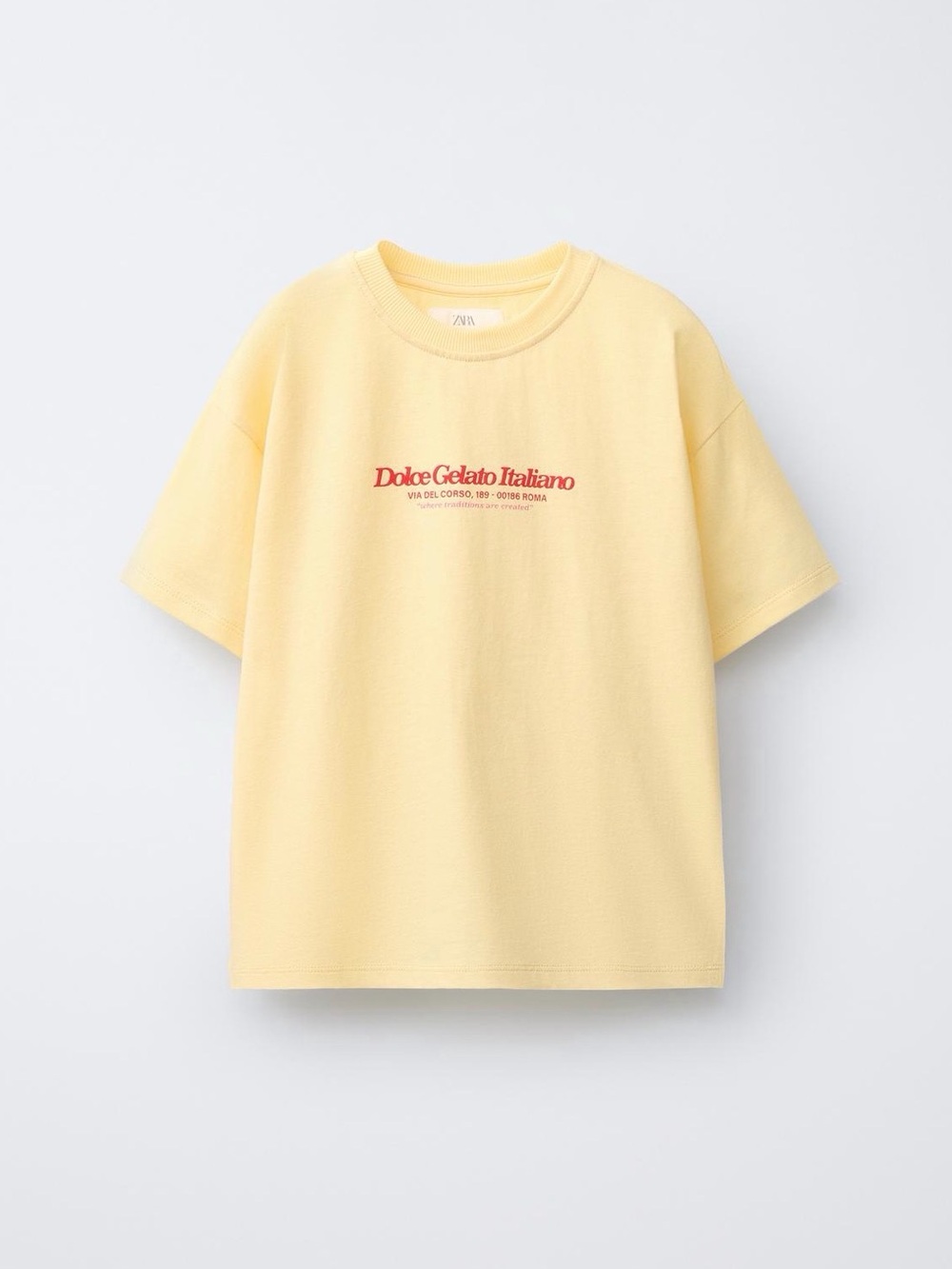 Zara Kids Pale Yellow Tee with Red 'Dolce Gelato Italiano' Logo